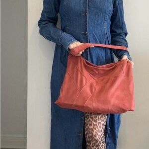 Unique salmon piece faux leather tote bag